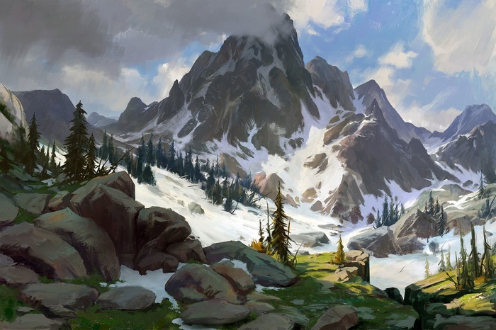 Snow-capped mountains with pine trees and rocks