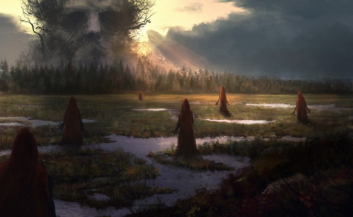 Fantasy art of figures in a swamp with a giant tree face