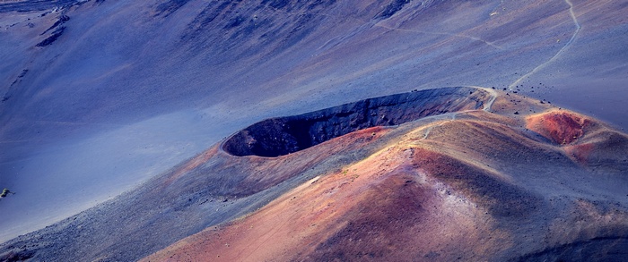 Volcanic crater landscape with hiking trails