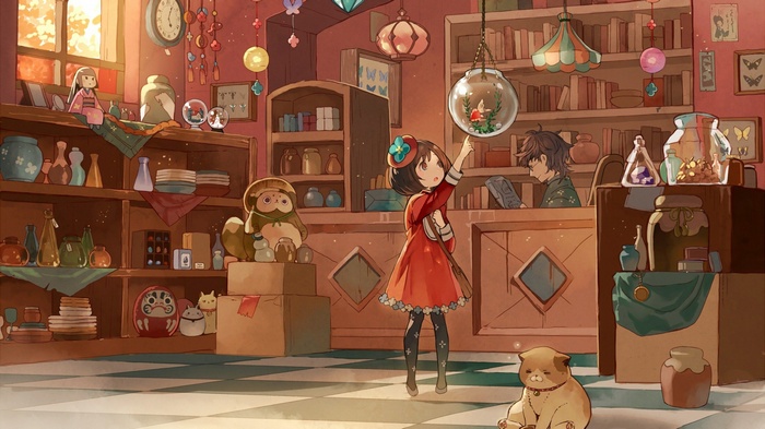 Anime girl in a shop with a cat and a boy