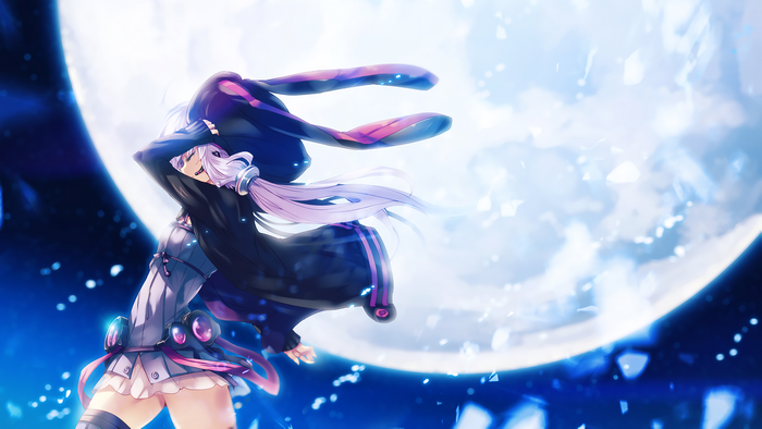 Yuzuki Yukari with bunny ears in front of a large moon
