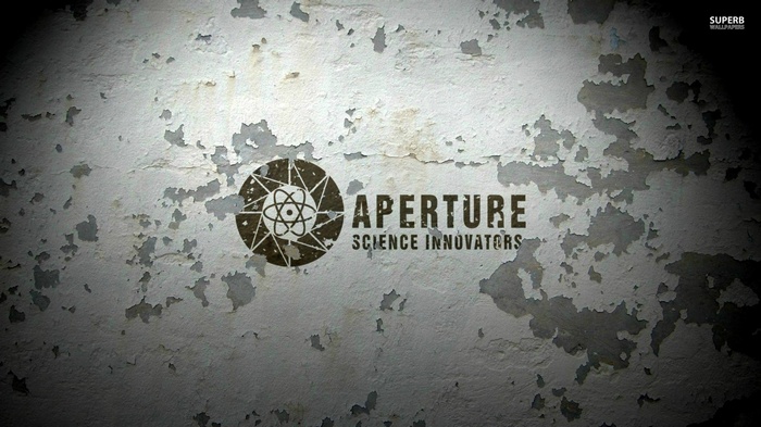 Aperture Science Innovators logo on a textured wall