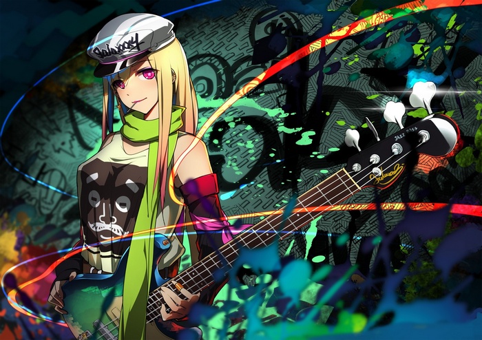 Anime girl with pink eyes playing bass guitar