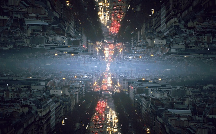 Glitch art city street with mirrored buildings and mist