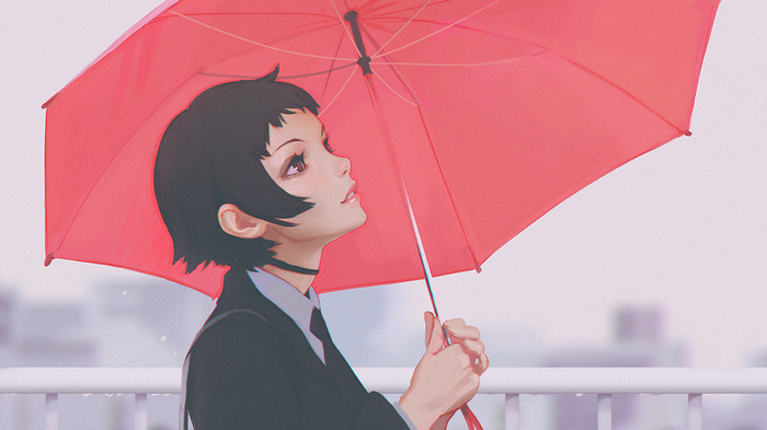Girl with red umbrella in the rain by Ilya Kuvshinov