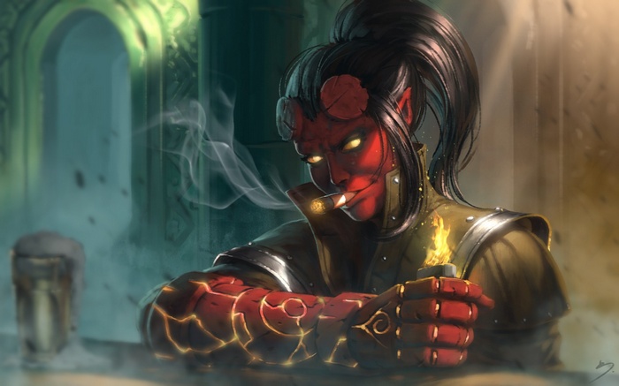 HellGirl smoking a cigar with a lighter