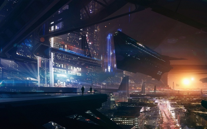 Futuristic city with a spaceship and two figures