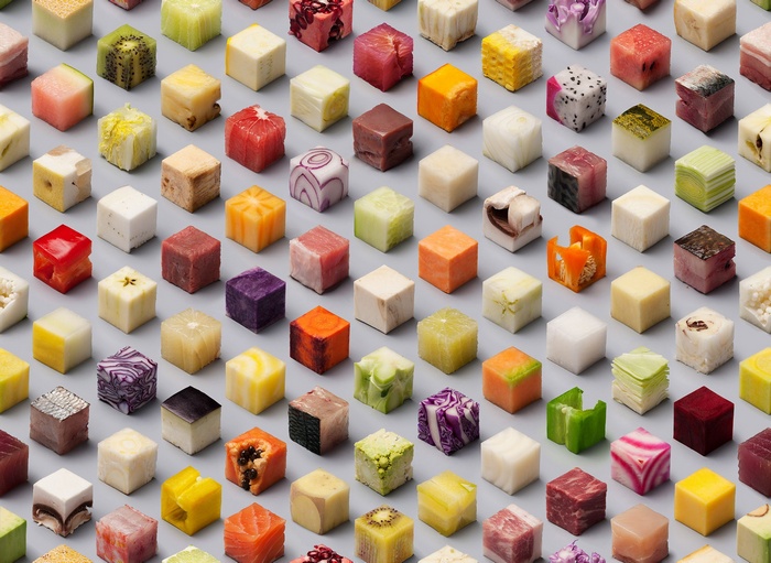 Food cubes arranged in a grid on a gray background