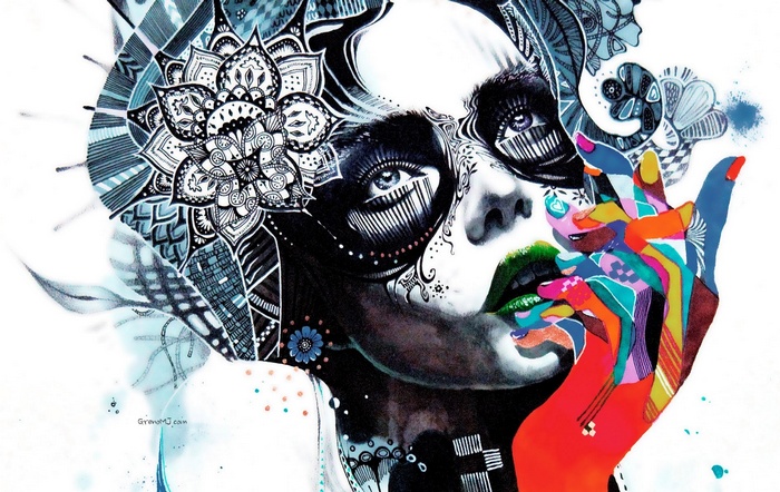 Artwork of a woman with colorful hand by Minjae Lee