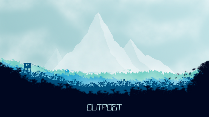 Outpost digital art landscape with mountains and towers
