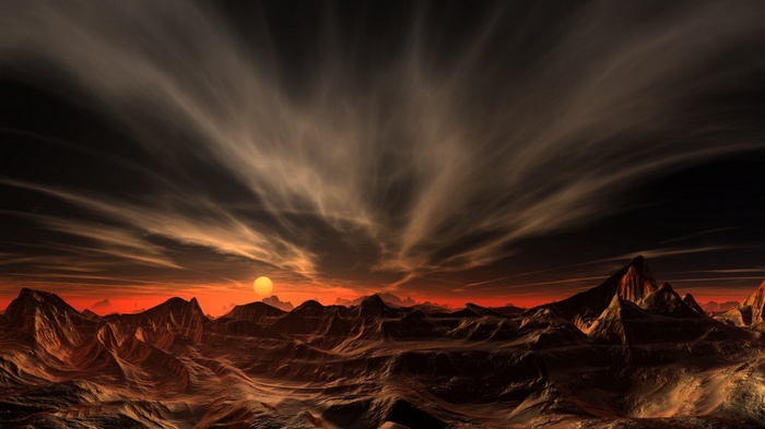 Alien desert landscape with dramatic sunset and clouds