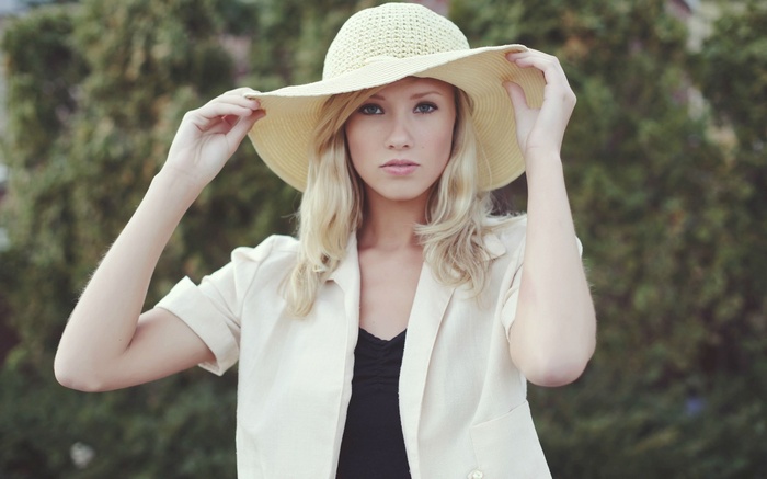 looking at viewer, blonde, white shirt, blue eyes, straw hat, millinery, Berit Birkeland, women, hat