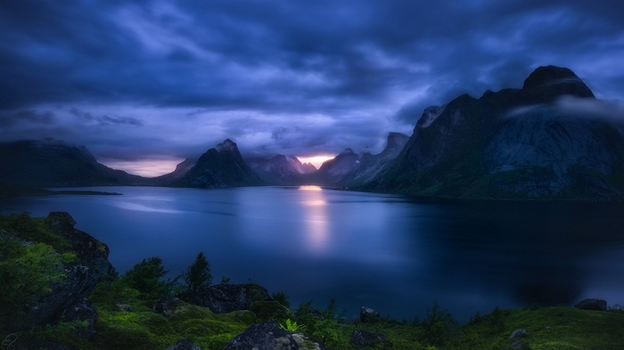 Sunset over a Fjord in Lofoten Islands, Norway