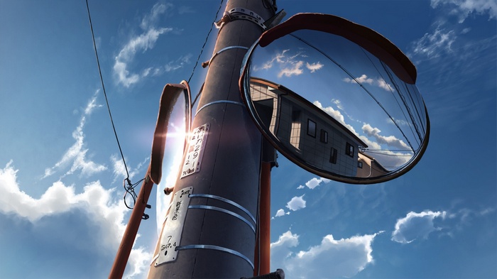 Anime utility pole with convex mirrors reflecting sky and buildings