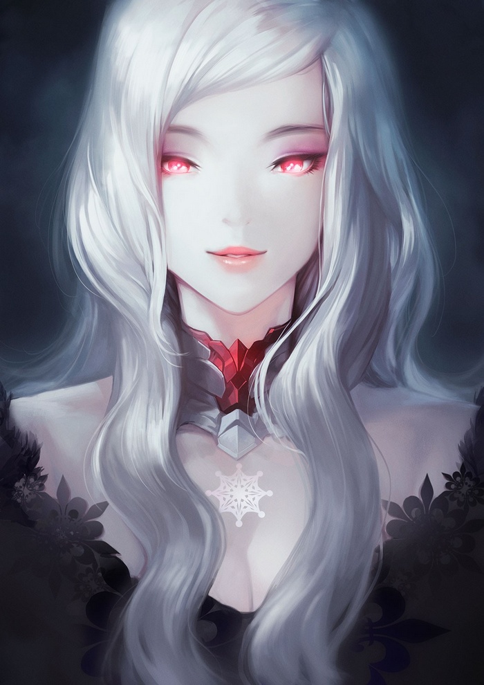 Portrait of a woman with white hair and red eyes