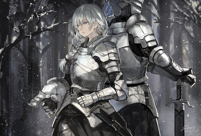 Two knights in armor in a snowy forest