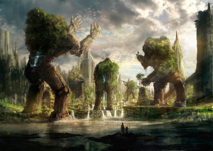Giant tree golems in a ruined city with birds