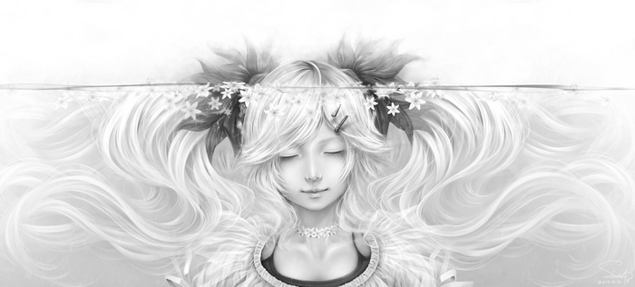 Monochrome portrait of a girl with flowers