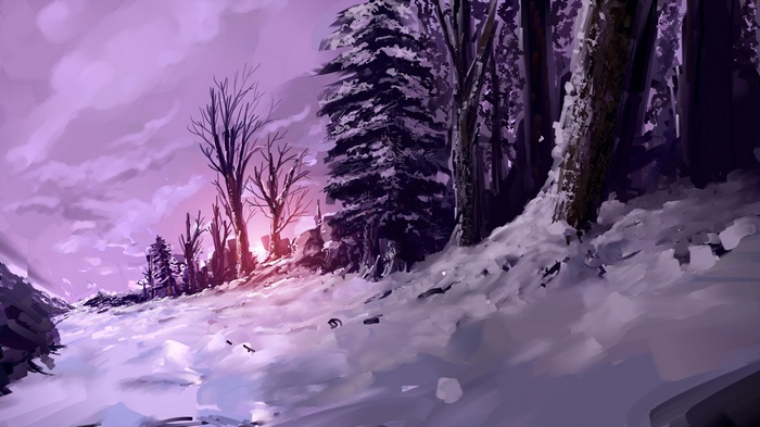 Fantasy art of a snowy forest at sunset