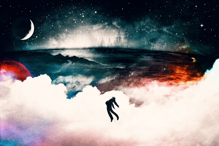Man falling through clouds with moon and stars