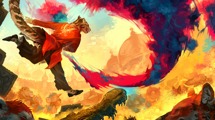 Furry character in red coat leaping through colorful explosion