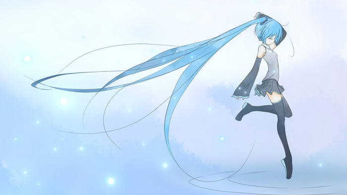 blue hair, closed eyes, detached sleeves, anime girls, simple, Vocaloid, simple background, skirt, Hatsune Miku, thigh-highs, anime, long hair
