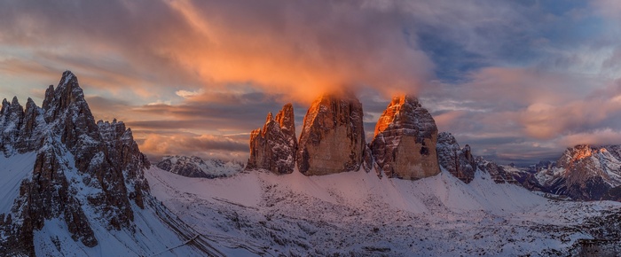 Tre Cime di Lavaredo mountains at sunset in Italy