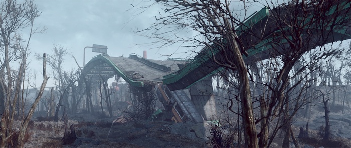 Fallout 4 destroyed highway overpass in a forest