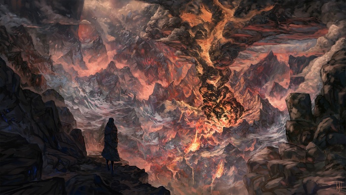 Fantasy art of a volcanic landscape with a lone figure