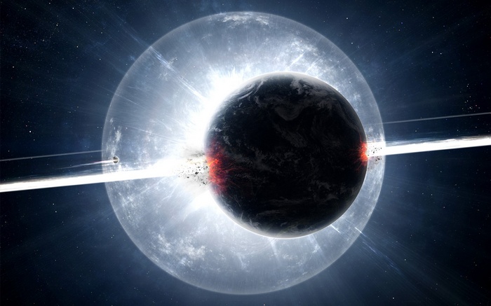 Planet collision with rings and bright light