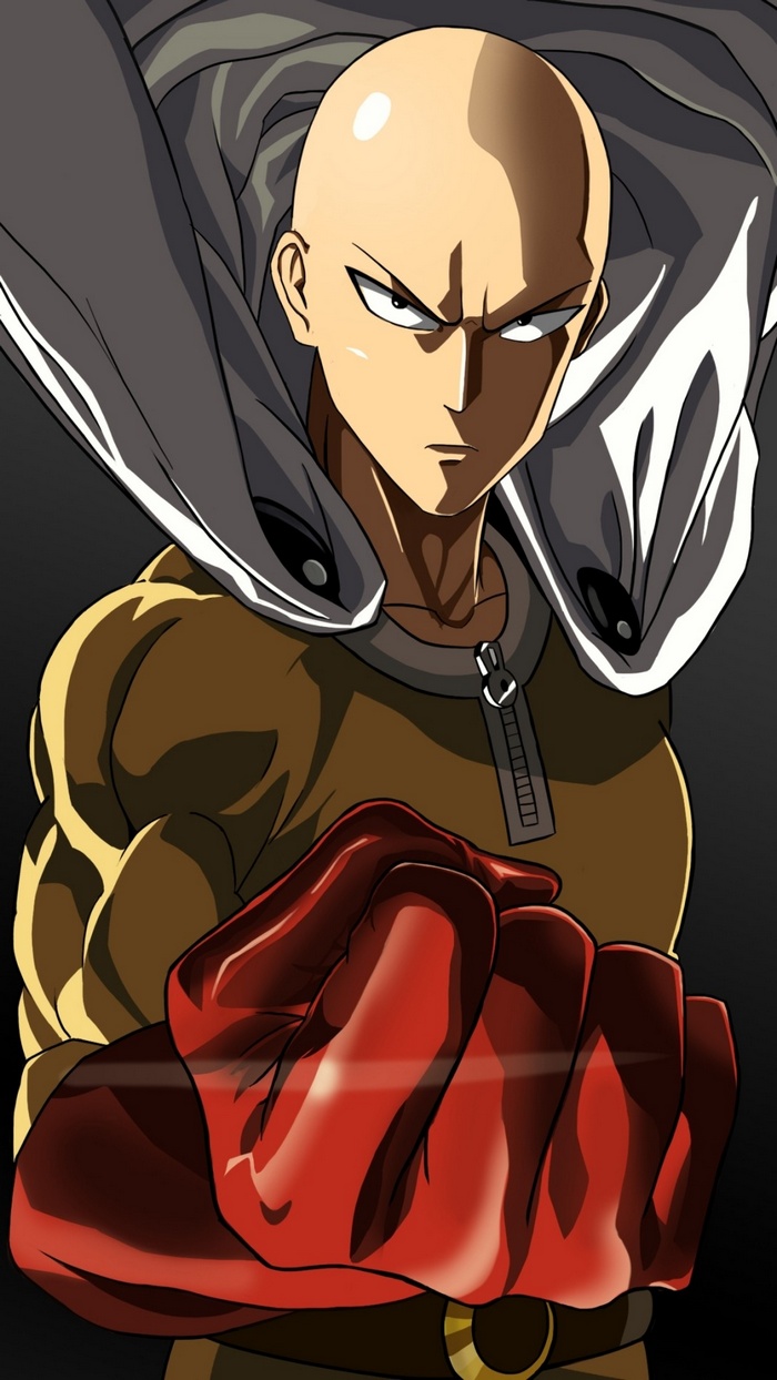 Saitama from One-Punch Man with red gloves