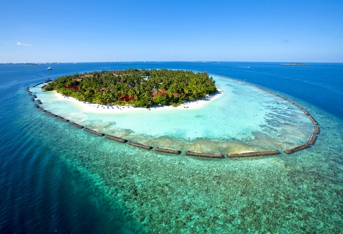 Aerial view of a tropical island in the Maldives
