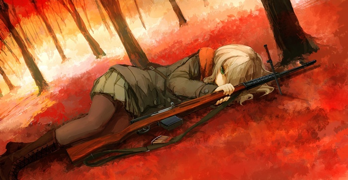 Anime girl with SVT-40 rifle in autumn forest