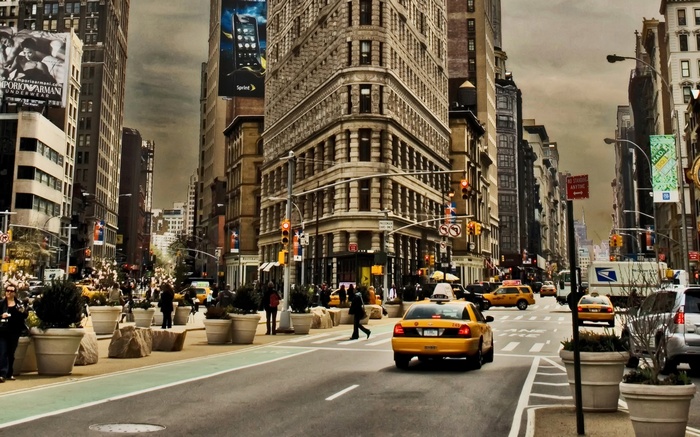 Flatiron Building, New York City Street with Taxis and People