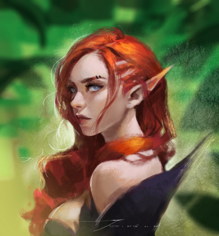 Elf woman with red hair and blue eyes