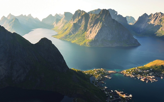 Reine, Norway: Mountains and Sea in Morning Sunlight