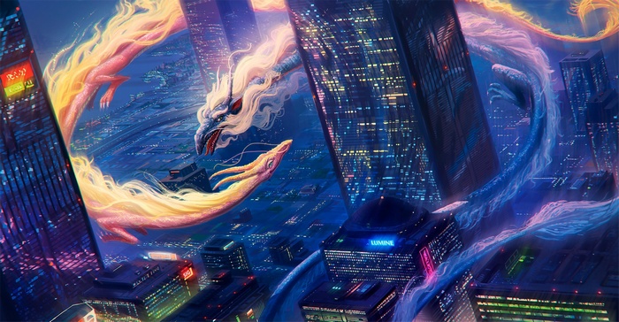 Dragons in a futuristic cityscape at night