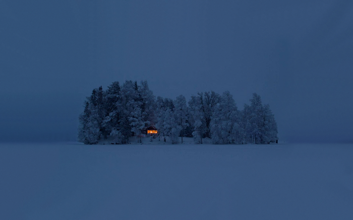 A house in a snowy forest at dusk