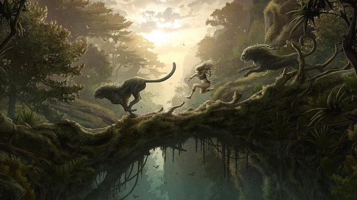 Fantasy art of a girl and panthers in a jungle