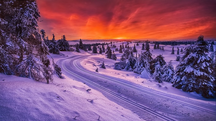 Snowy landscape with a road at sunset