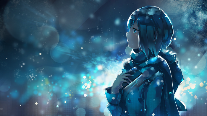 Anime girl with cellphone and scarf in blue lights