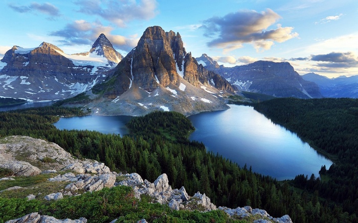 Lake and mountains in a forest landscape