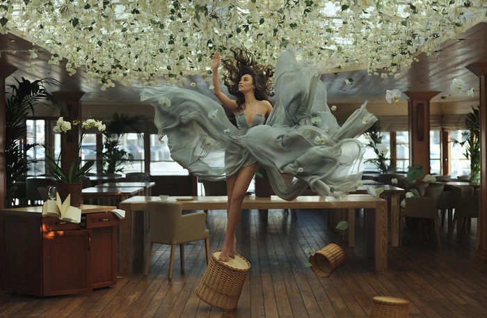 baskets, brunette, dress, flowers, model, books, barefoot, standing, petals