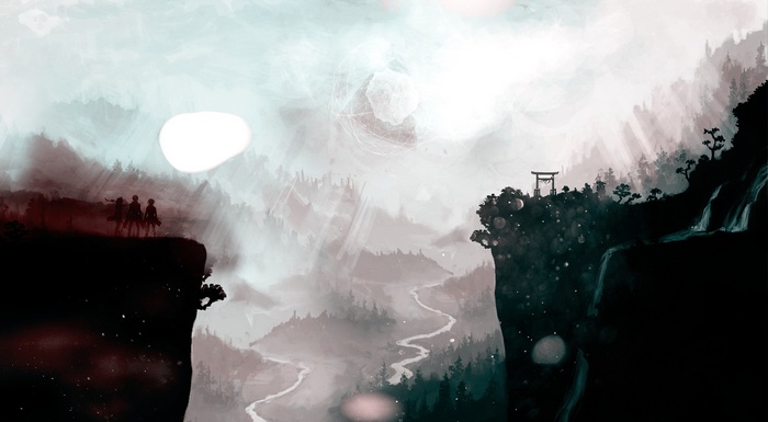 Attack on Titan characters on a cliff overlooking a valley