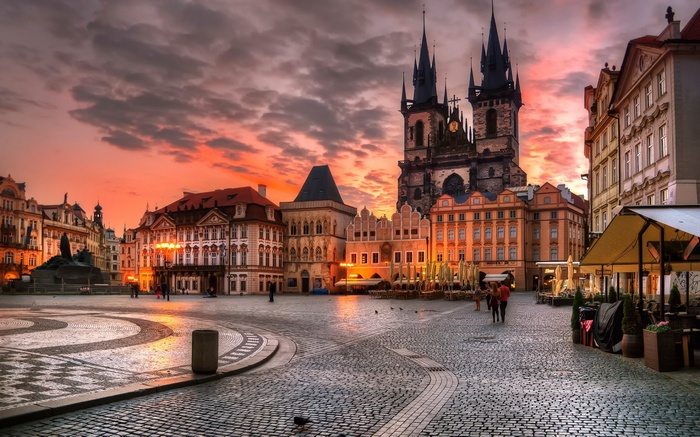cathedral, evening, cityscape, cafes, town square, people, Prague, Czech Republic, sunset, history, house, building, architecture, lights, HDR, clouds, old building, statue