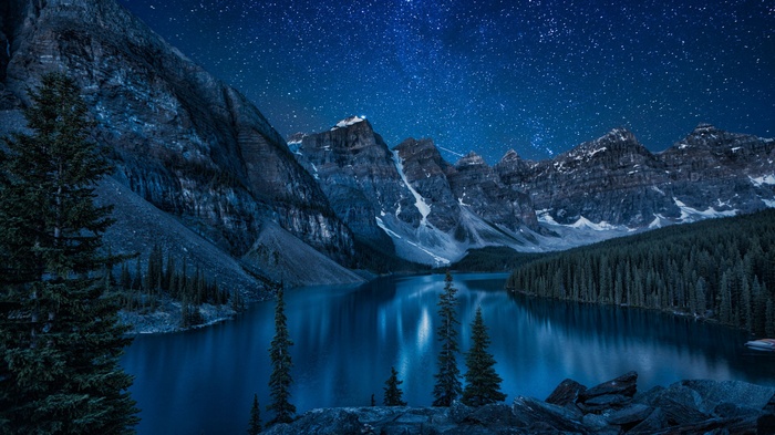 lake, trees, Canada, mountains, snow, nature, reflection, stars, forest, landscape
