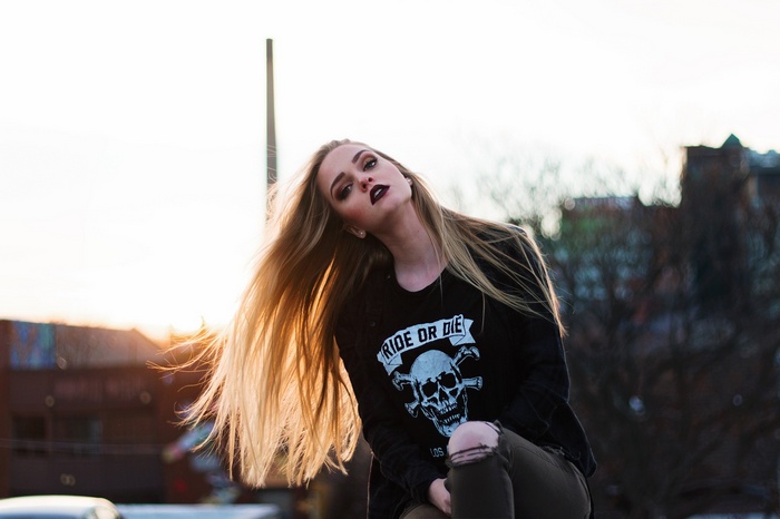 Rebeka Anne with skull shirt at sunset