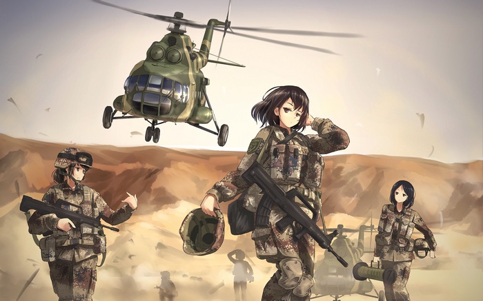 Anime military women with helicopter and weapons