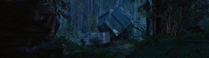 Crashed AT-AT in a forest on Endor