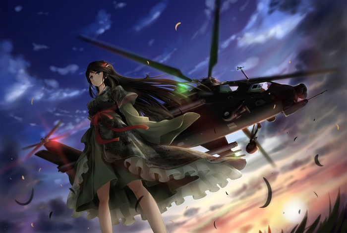 Anime girl and helicopter at sunset